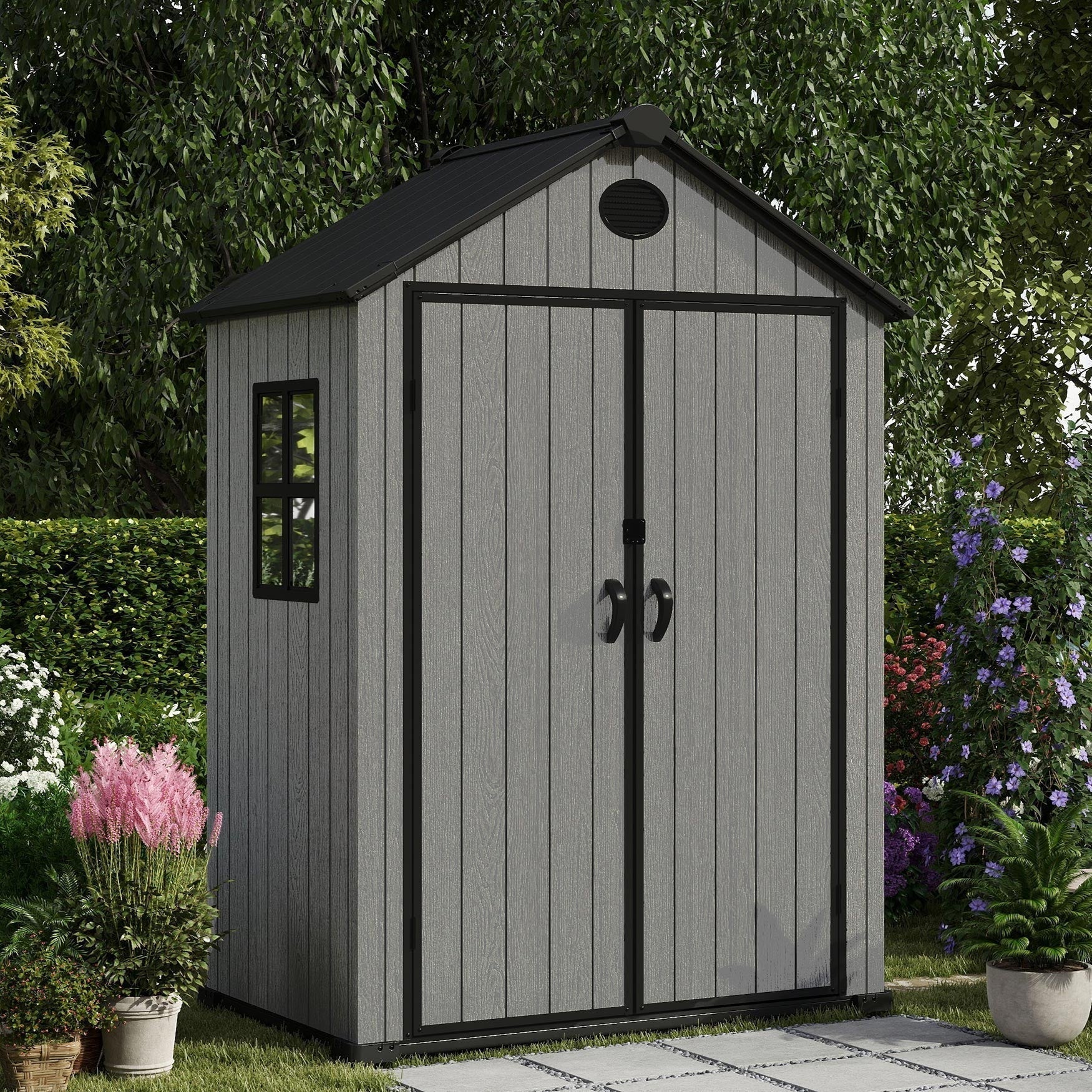 Pro Grade 6ft x 4ft Premium Plastic Garden Shed Double Door - Grey Wood Touch Texture