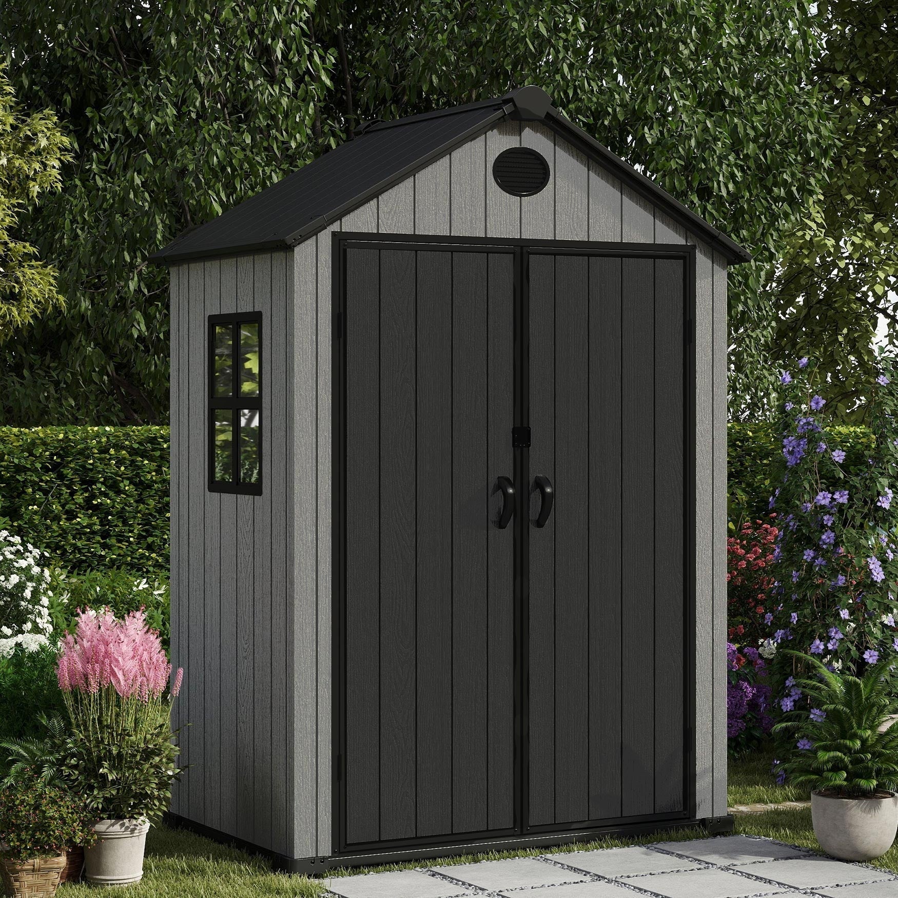 Pro Grade 6ft x 4ft Premium Plastic Garden Shed Double Door - Grey/Anthracite Wood Touch Texture