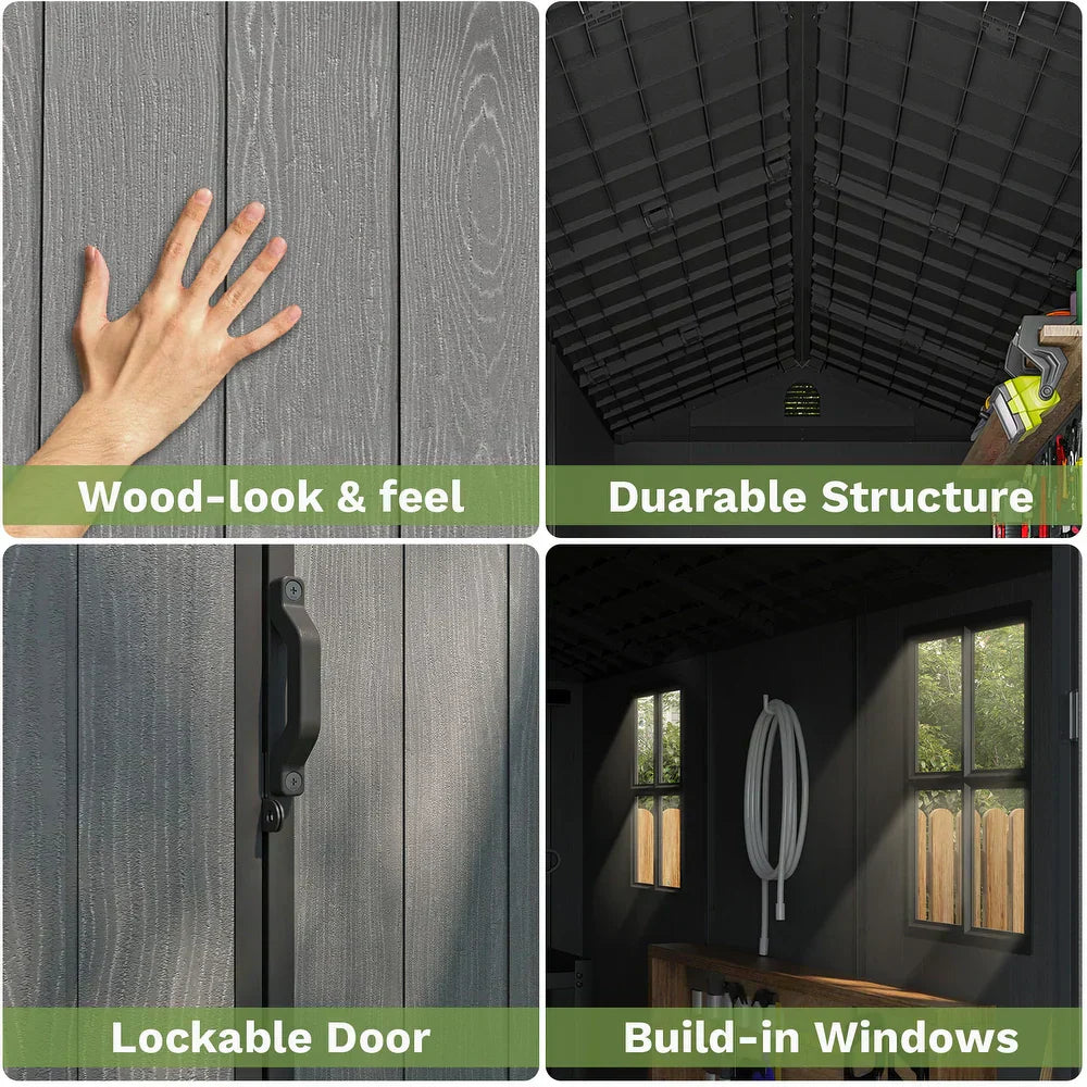 Pro Grade 6ft x 4ft Premium Plastic Garden Shed Double Door - Grey/Anthracite Wood Touch Texture